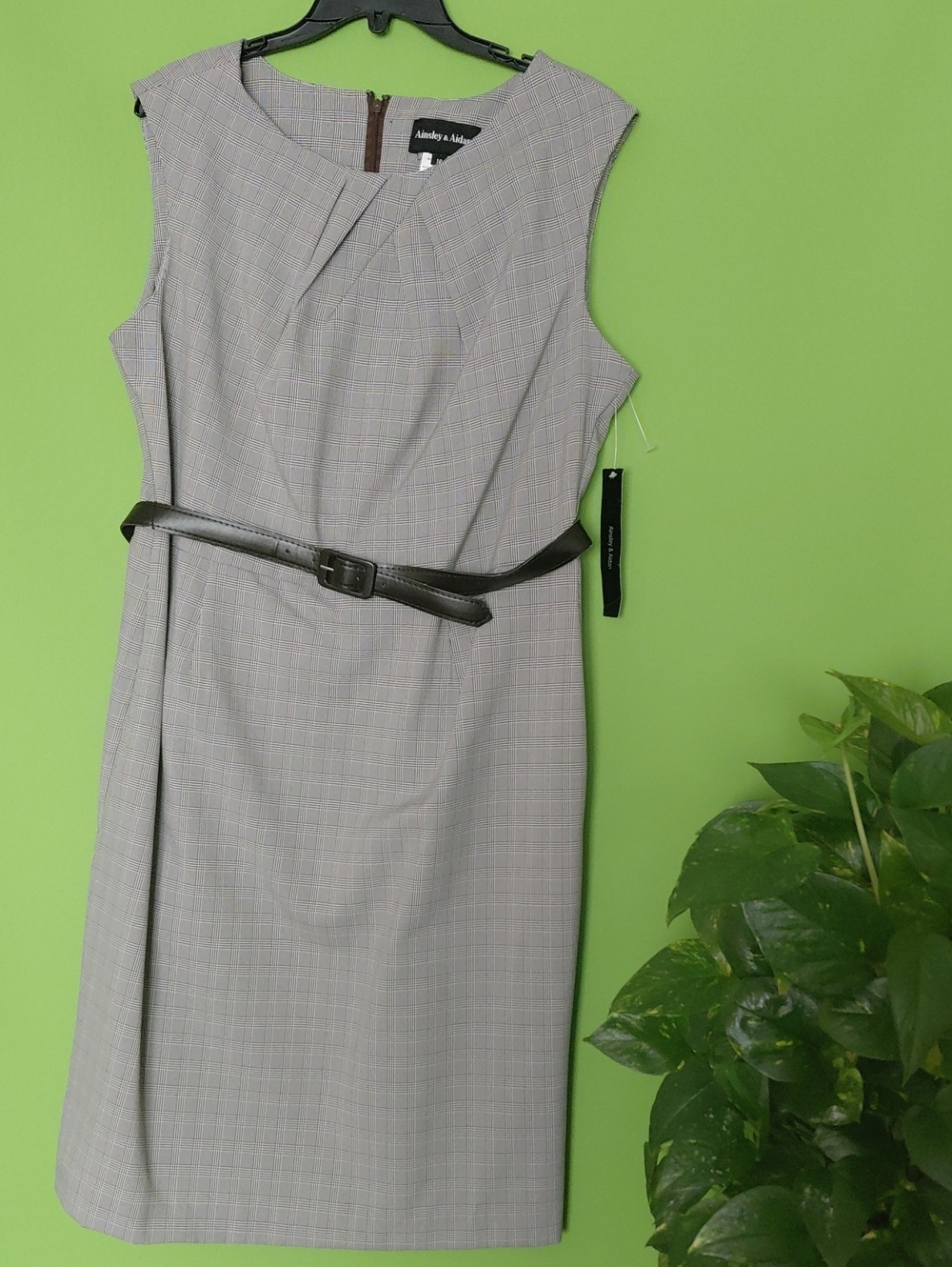 Ainsley & Aidan Gray Plaid Sleeveless Midi Dress with Black Belt, Sz. 16, NWT